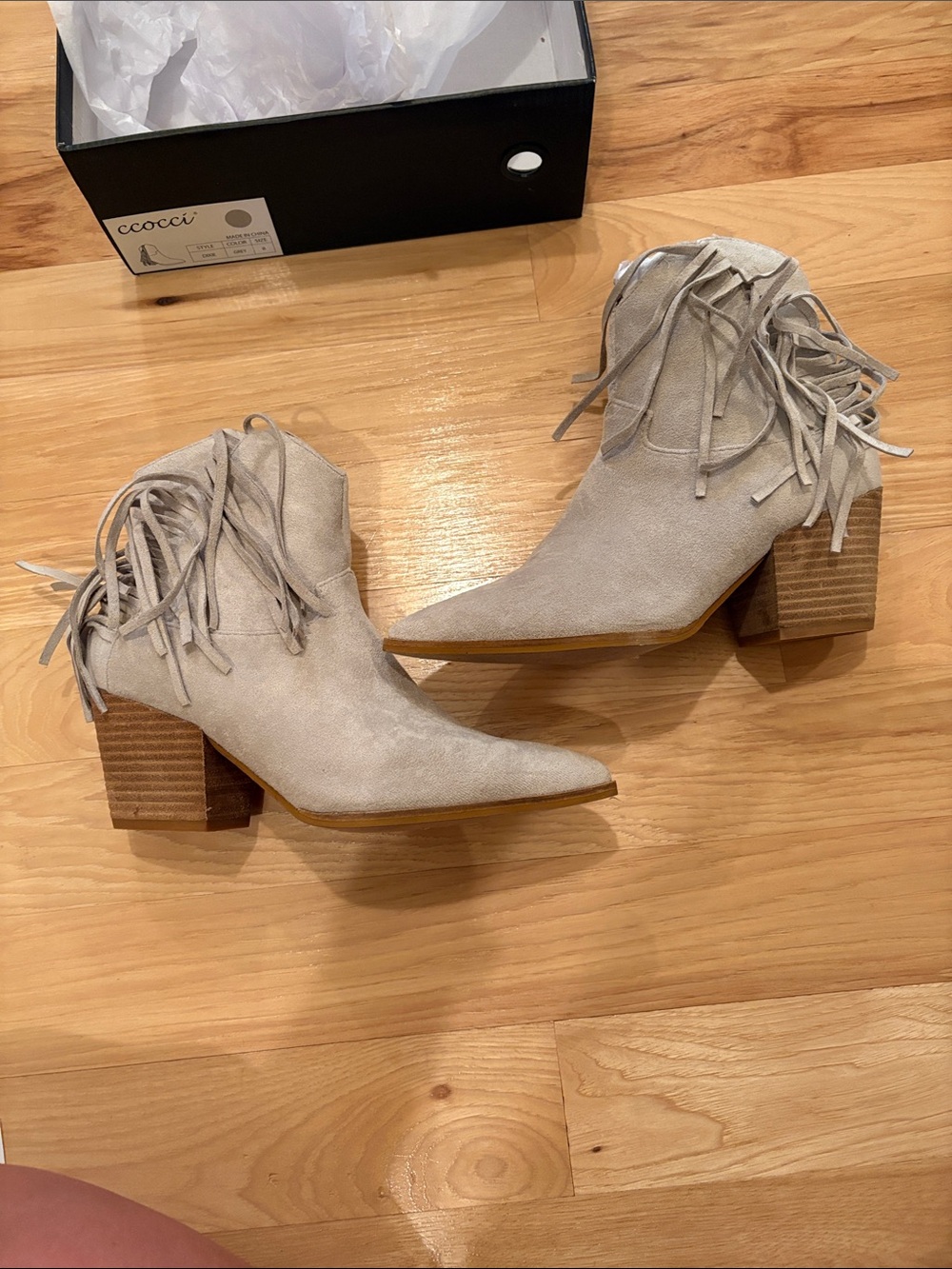 CCOCCI Light Gray Suede Fringe Ankle Booties